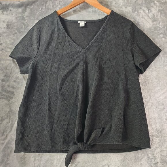 J Crew Womens Black Textured Tie Front V Neck Tee XL Short Sleeve Cotton Blend - Picture 1 of 10